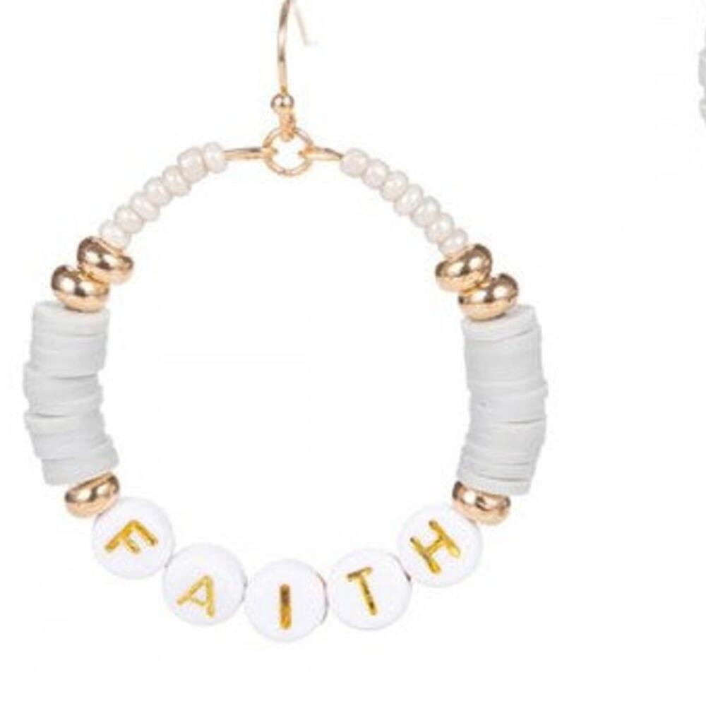 "Faith" Letter Bead & Heishi Drop Earrings – Light Grey